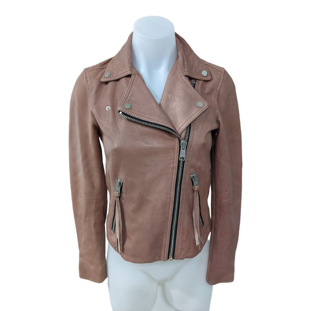 AllSaints Size US 0 Dalby Biker Jacket Pink 100% Lamb Leather Motto Soft